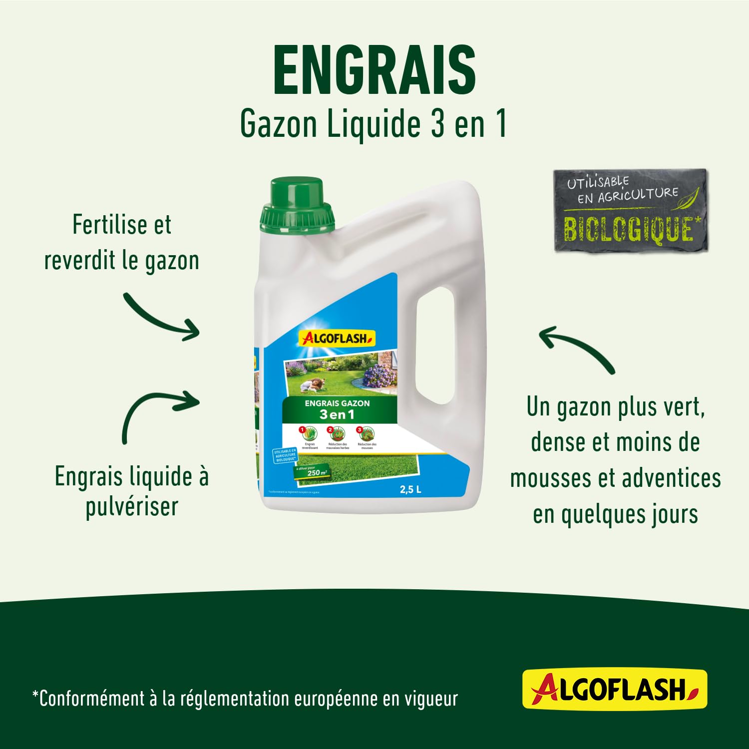 Algoflash Engrais Gazon Liquide 3 en 1 à diluer, Utilisable en Agriculture Biologique - 2,5 L, Marron