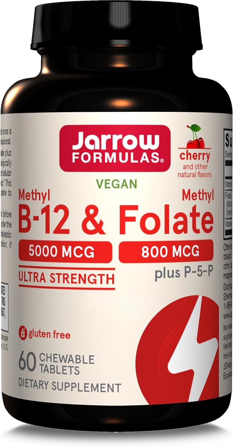 Jarrow Formulas Methyl B12 5000mcg/Methyl Folate 800mcg, 10-Day Depot, Cherry Flavour, 60 Vegan Tablets, Gluten Free, Vegetarian, Soy Free, GMO Free