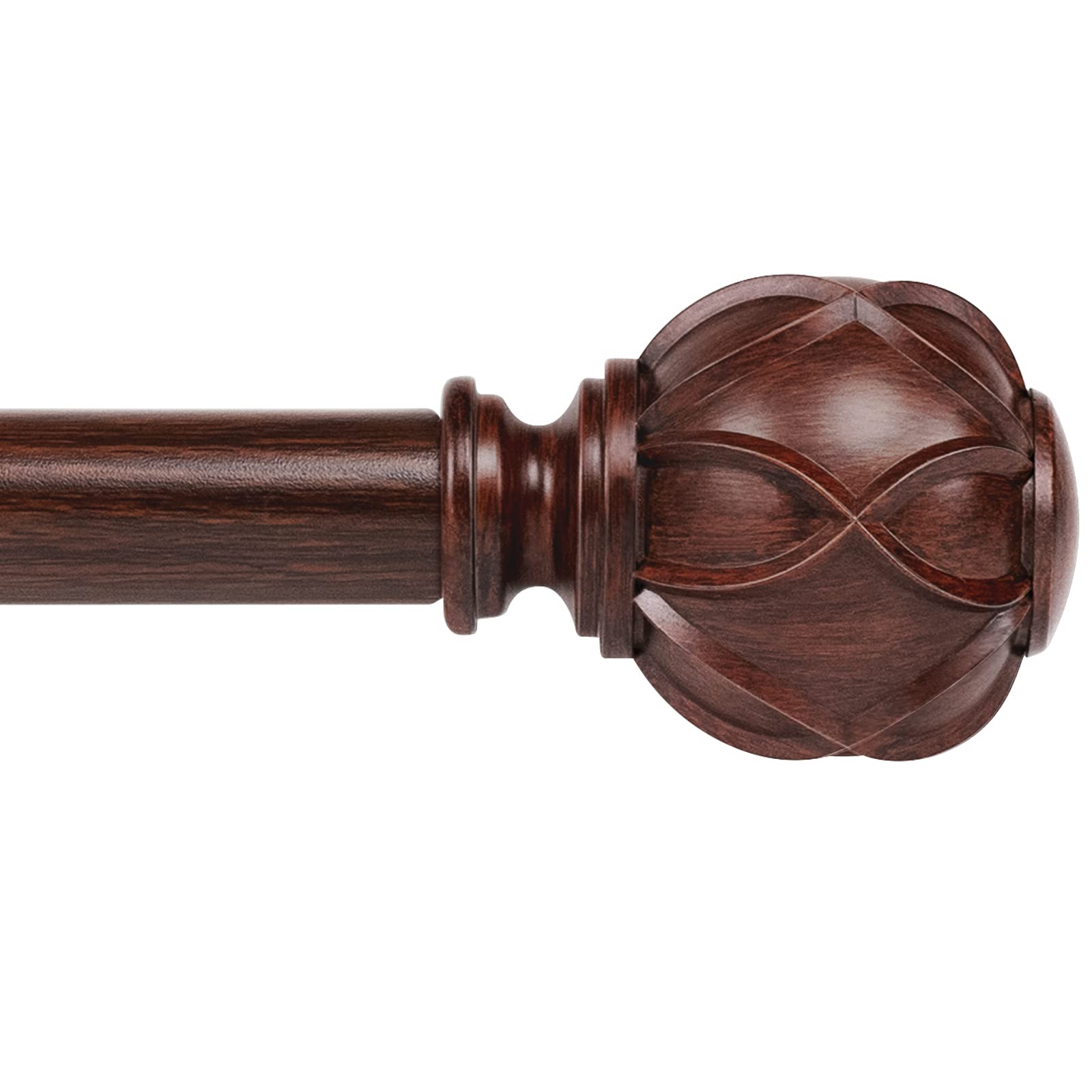 KAMANINA 1 Inch Curtain Rod Telescoping Single Drapery Rod 72 to 144 Inches (6-12 Feet), Curtain Rods for Windows, Netted Texture Finials, Red Imitation Wood Grain