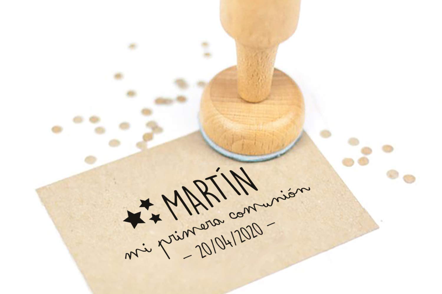 Stamp by Me | Sello Personalizado para Comunión | 4 Diseños | Sello de Madera | Sello de Comunión | Ideal para los Sobres e Invitaciones | Con Tampón de Tinta Opcional | Nombre y Fecha | Estrellas