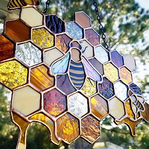 image for Crazylover Bee Decor, Queen and Bee Protect Honey Decor Stained Glass 