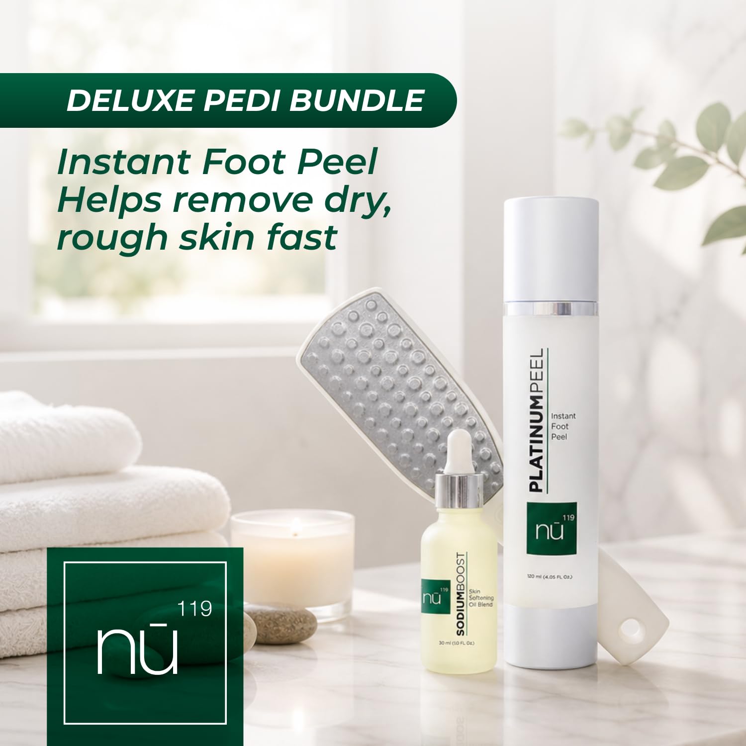 nu119 Kit de cuidado de pies para pies lisos: spray exfoliante de pies de 120 ml, bálsamo de pies y lima de pies para pedicura en casa, cuidado de pies y rutina de exfoliación