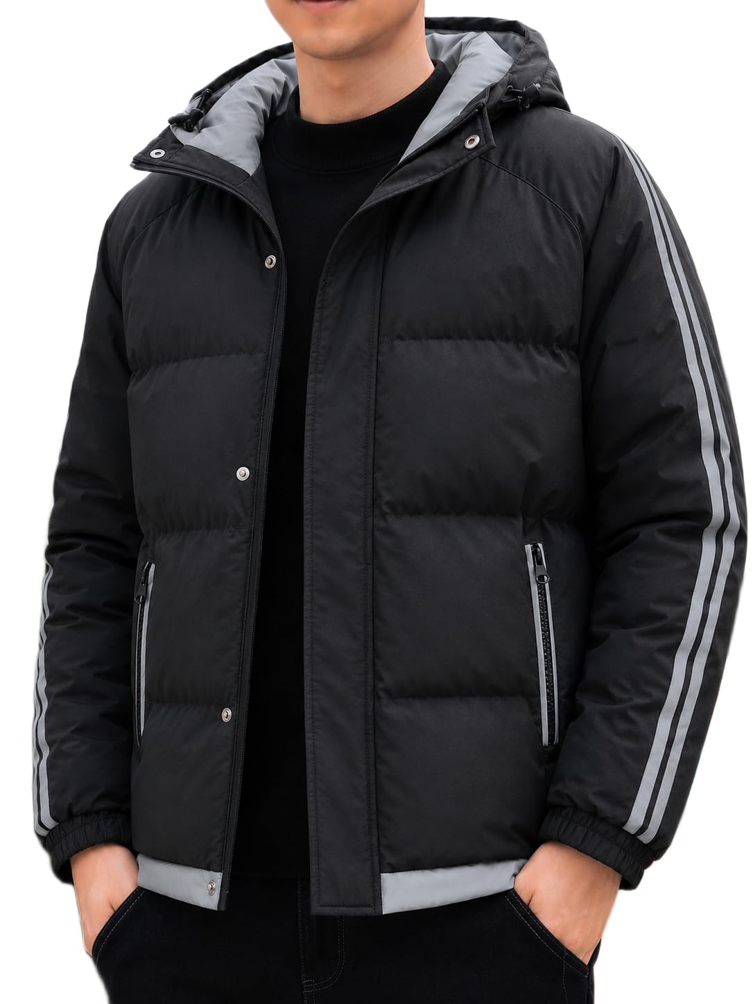 blaq ash Men's Hooded Puffer Jacket, Black, Quilted Winter Coat-picture-35