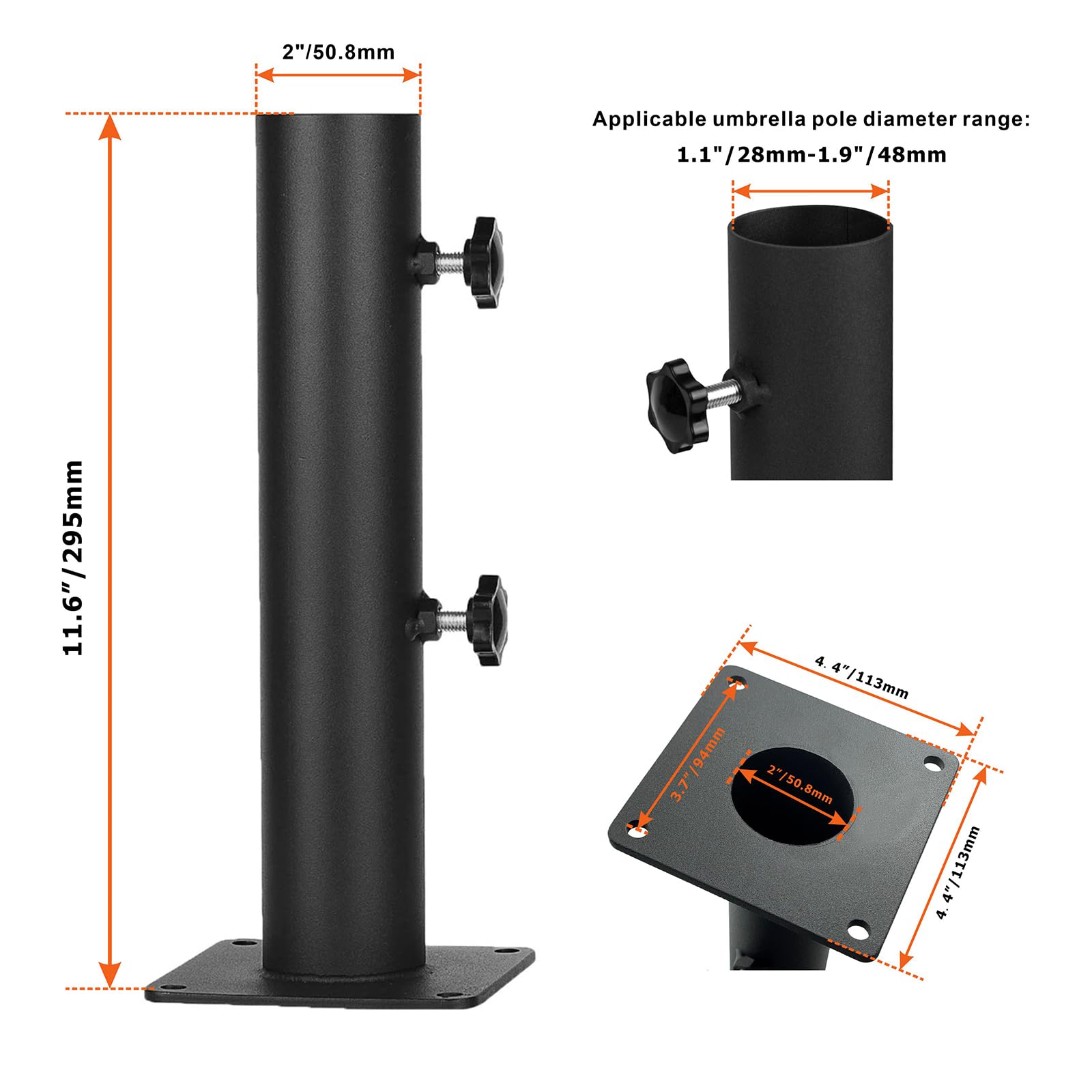 Pied De Parasol Métal Réglable VANROUG - Support Pour Terrasse, Quai, Pique-nique - Pour Mâts De 3,8 à 8 Cm