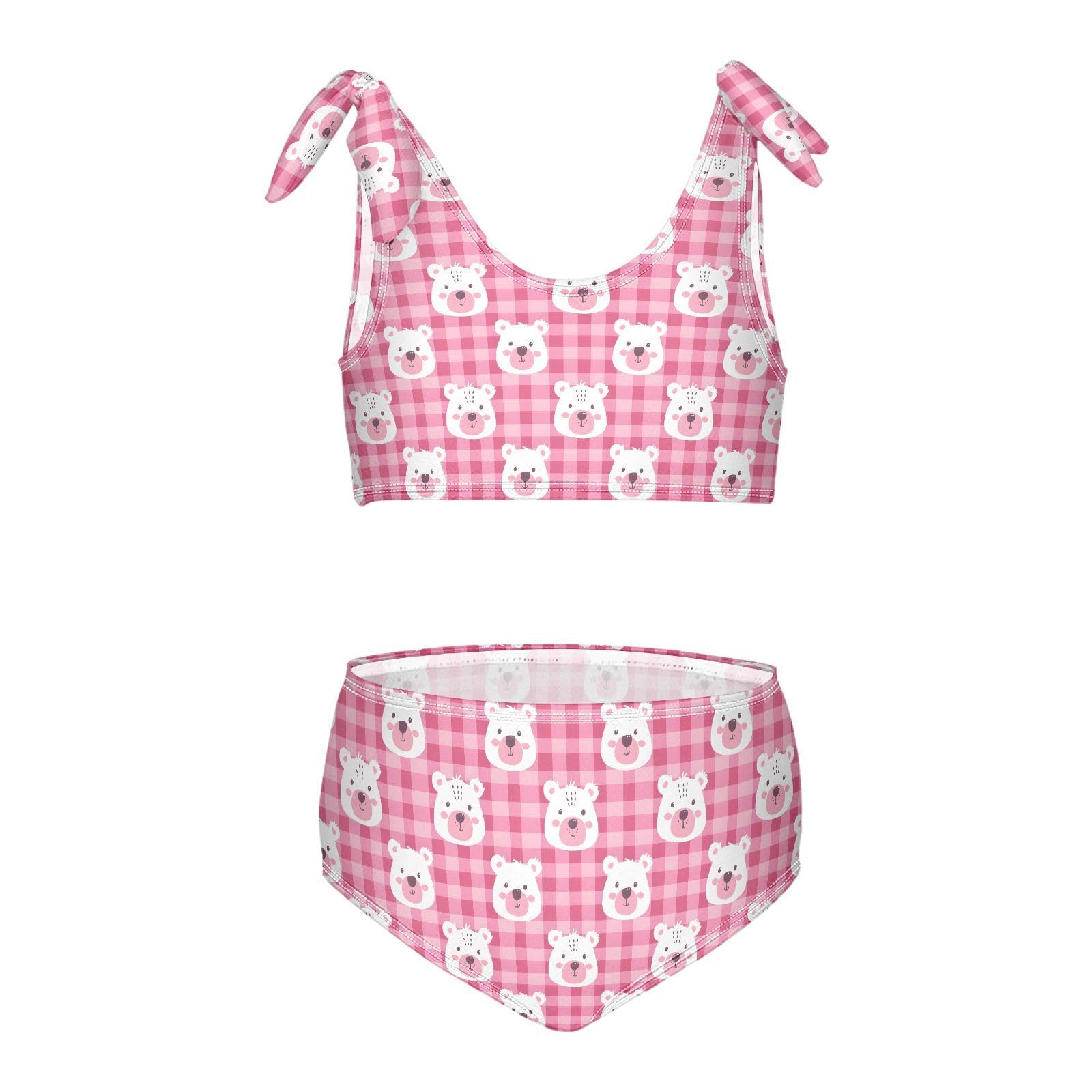 MNSRUU Girls Swimsuits Pink Checkered Bear Face Tankini Bathing Suits for Girls Two Piece Summer Beach Swimwear, Cute Bikini Swimsuit Set 3T