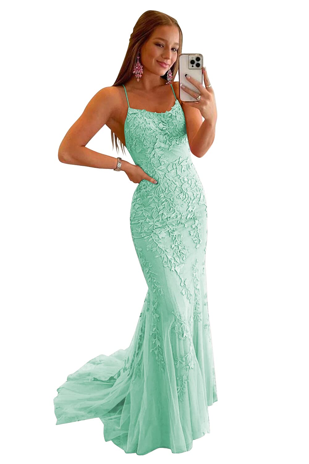 Clothfun Women's Long Lace Prom Dresses Mermaid Spaghetti Straps Backless Formal Evening Gowns