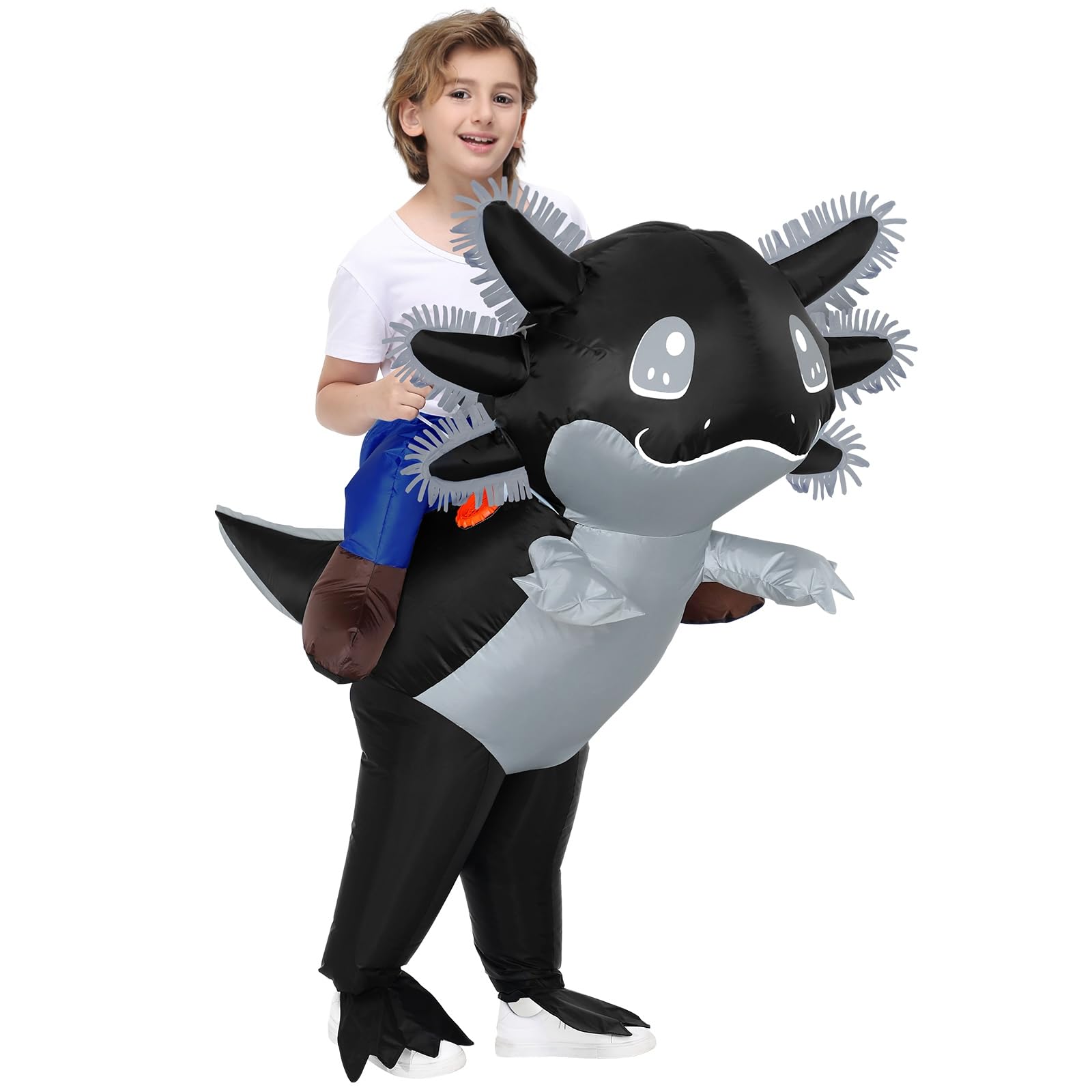 Stegosaurus Inflatable Axolotl Costume for Kids Halloween Costumes Kid Blow Up Costume Ride on Axolotl Costumes for Girls Boys Cosplay Party Black