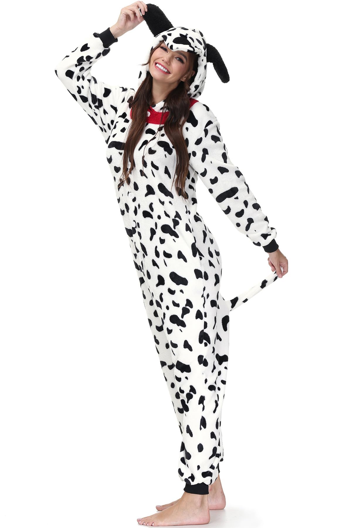 Clarisbelle Ropa de fiesta para mujer, Halloween, adultos, animales dálmatas, pijamas enteros de felpa de franela con cremallera, talla XL, Dálmata