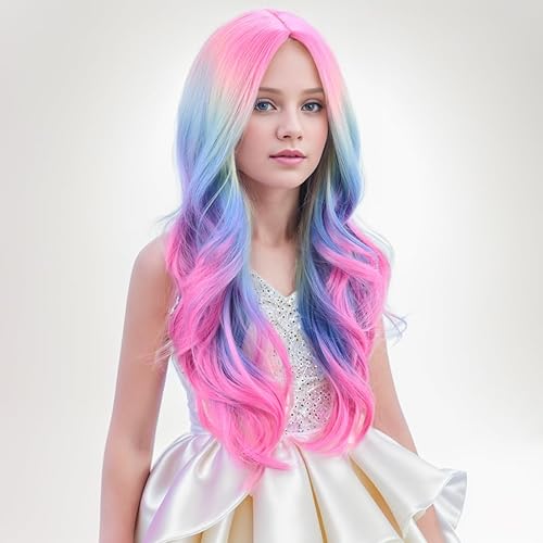Miniatura 3 de Pelucas coloridas para niños, larga, rizada, ondulada, multicolor, para niñas, peluca de arco iris, peluca sintética de color, para cosplay, fiesta,