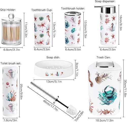 Miniatura 7 de OTOSTAR Juego de accesorios de baño, 8 piezas, juego de accesorios de baño oceánico, juego de baño de lujo con bote de basura, dispensador de jabón,