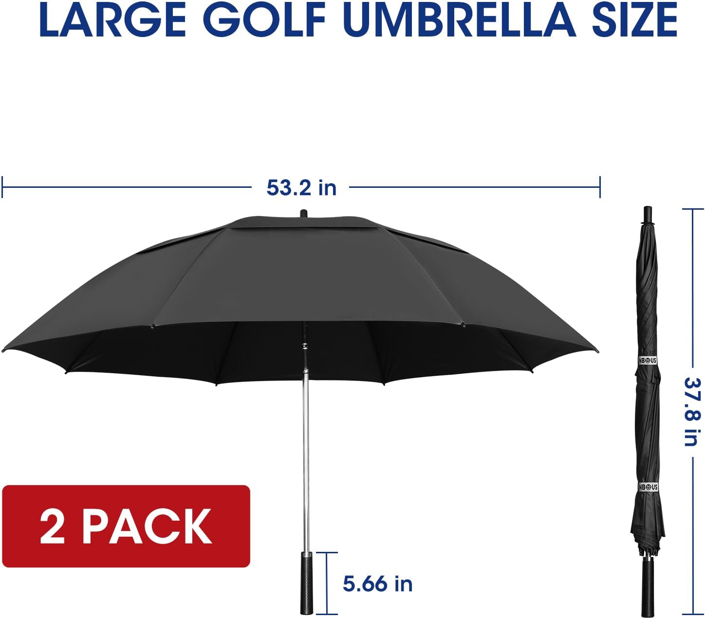 2 Pack 53.2" Double Canopy Golf Umbrellas, 360°Adjustable Golf Umbrella, Windproof Waterproof Large Umbrella for Outdoor Sports