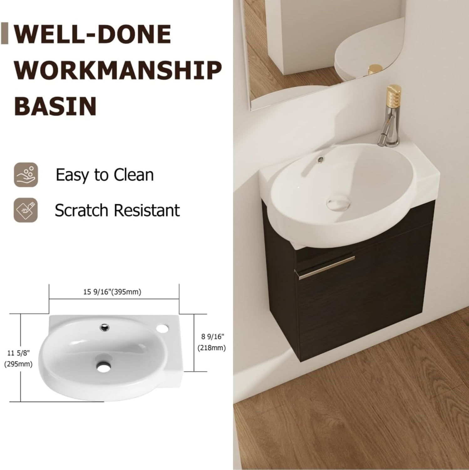 LKTART 16'' Floating Wall Mounted Bathroom Vanity with Round Single Oval Ceramic Sink Soft Close Doors for Small Bathroom Vanity (Not Pure Black, There are Brown Lines On the Surface）