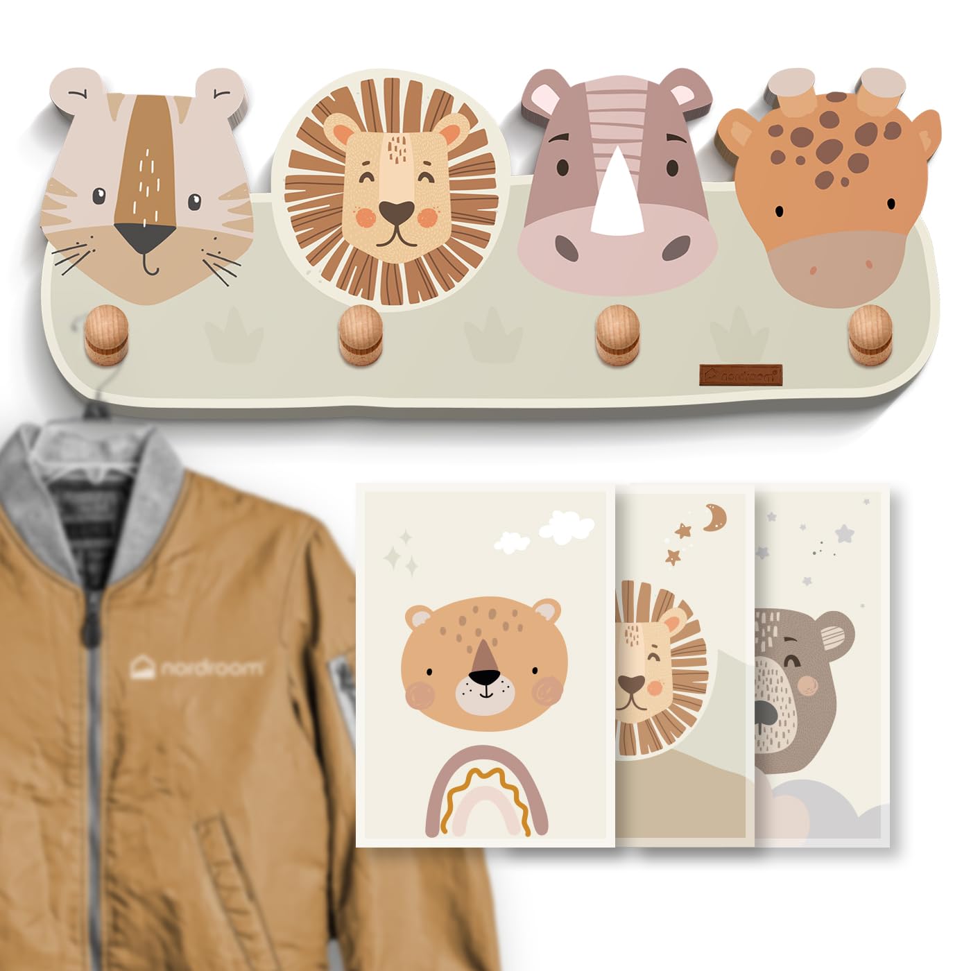 nordroom Children's Wardrobe with 4 Hooks Wall Coat Rack with Animal Motifs for Children's Rooms Wooden Coat Hooks Children's Wardrobe "mikkvill" for Drilling Coat Hooks Made of Beech Dimensions