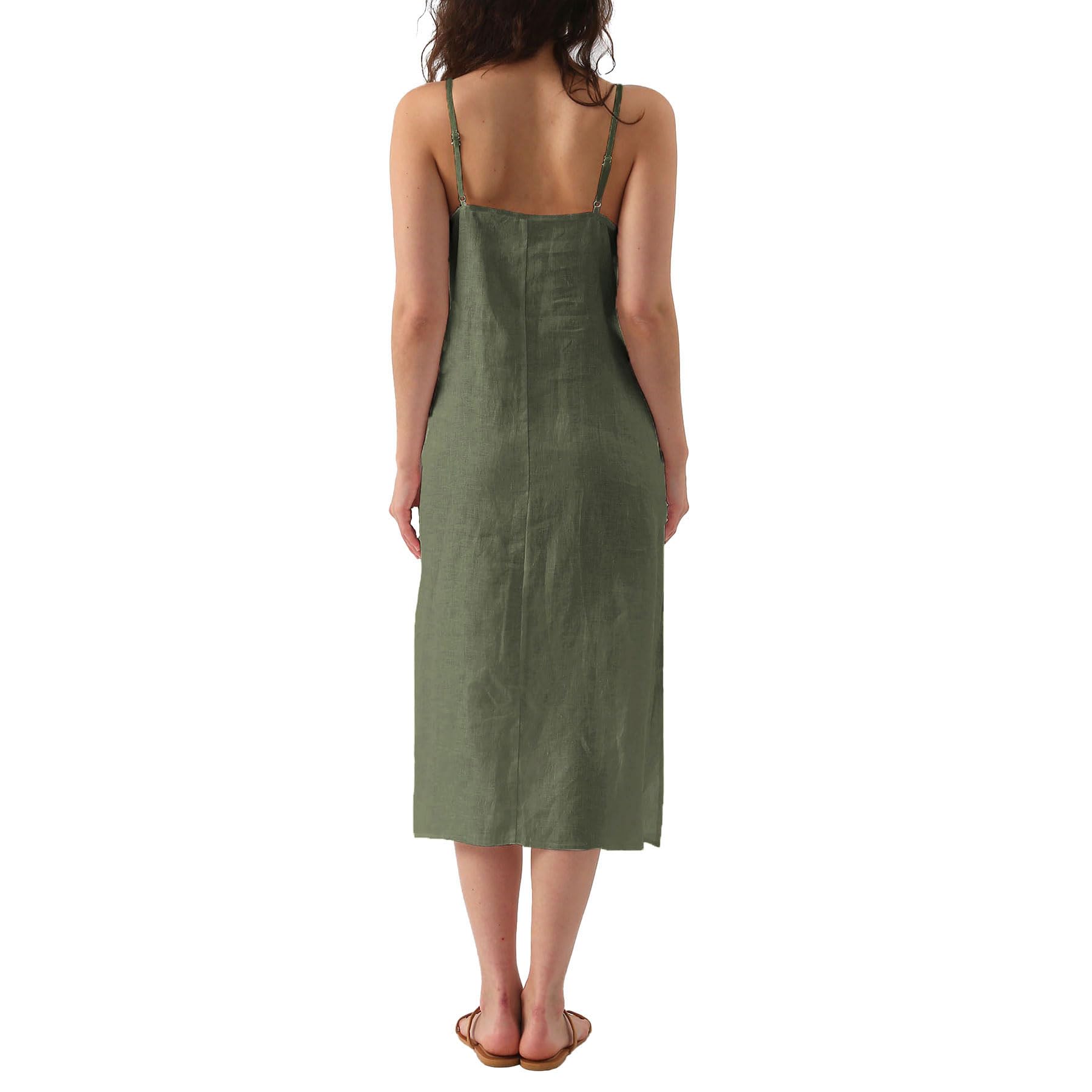 Amazhiyu Womens Pure Linen Summer V Neck Midi Spaghetti Strap Slip Dress with Pockets: Medium Green