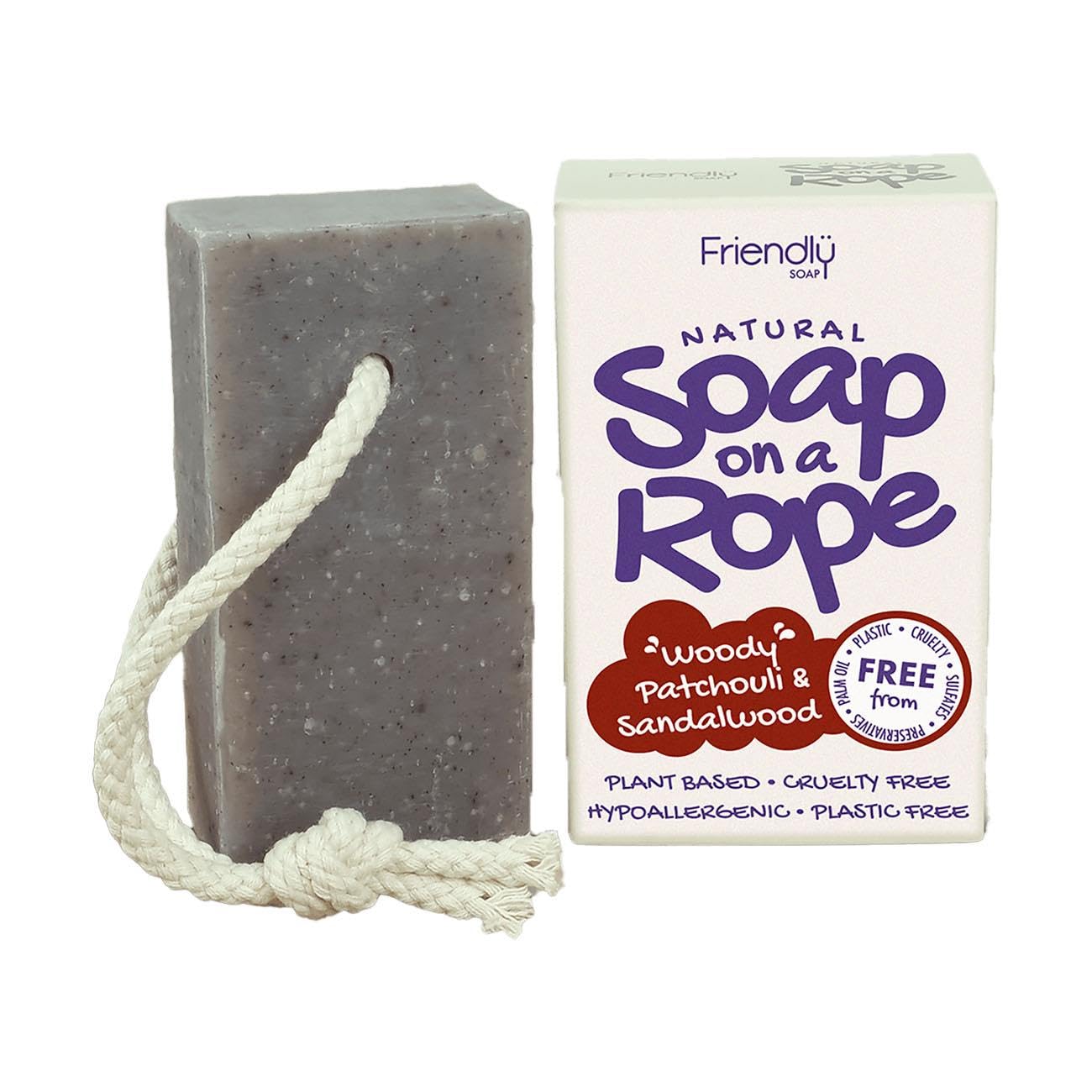 Friendly Soap - Natural Soap On A Rope - 'Woody' Patchouli & Sandalwood 125g