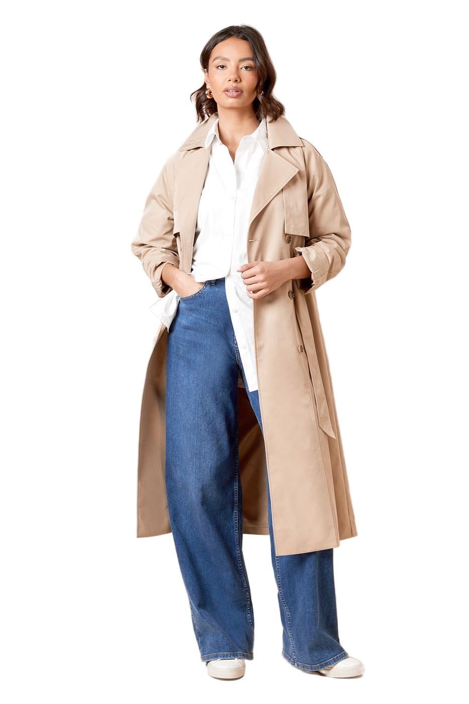 Dorothy Perkins Women's Stone Longline Double Breasted Belted Trench Coat In Size 12