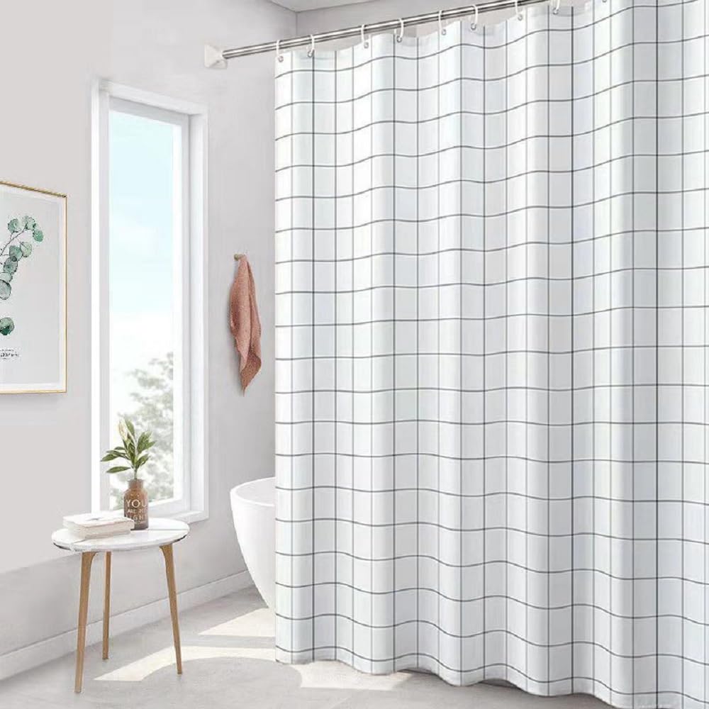 JERN Shower Curtain Set, White Large Plaid Heavy Duty Shower Curtains, Waterproof Fabric, with Plastic 12 Hooks Compatible with Shower Curtain Liner (2 x 2 Meters) (Style 3, Geometric)-image-43