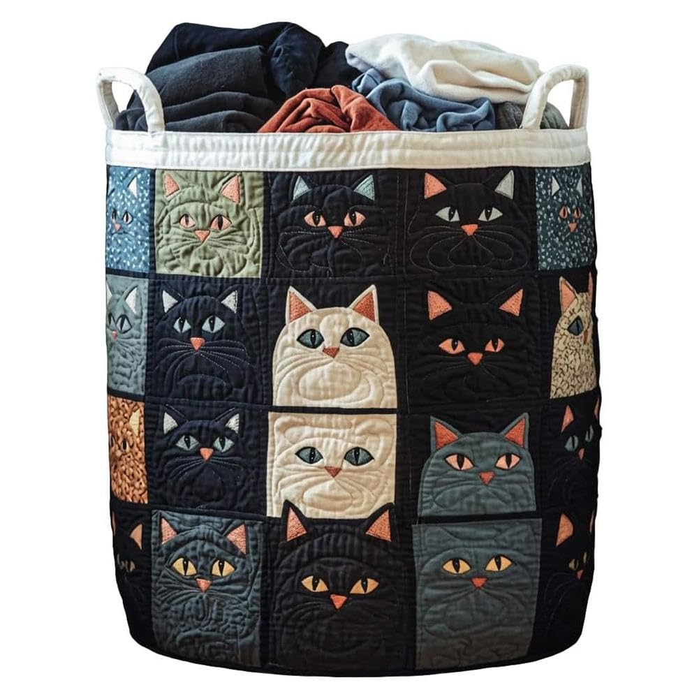 Cesto portabiancheria trapuntato con manici, design a gatti, in tessuto, grande, morbido, per camera da letto, cesto portabiancheria trapuntato