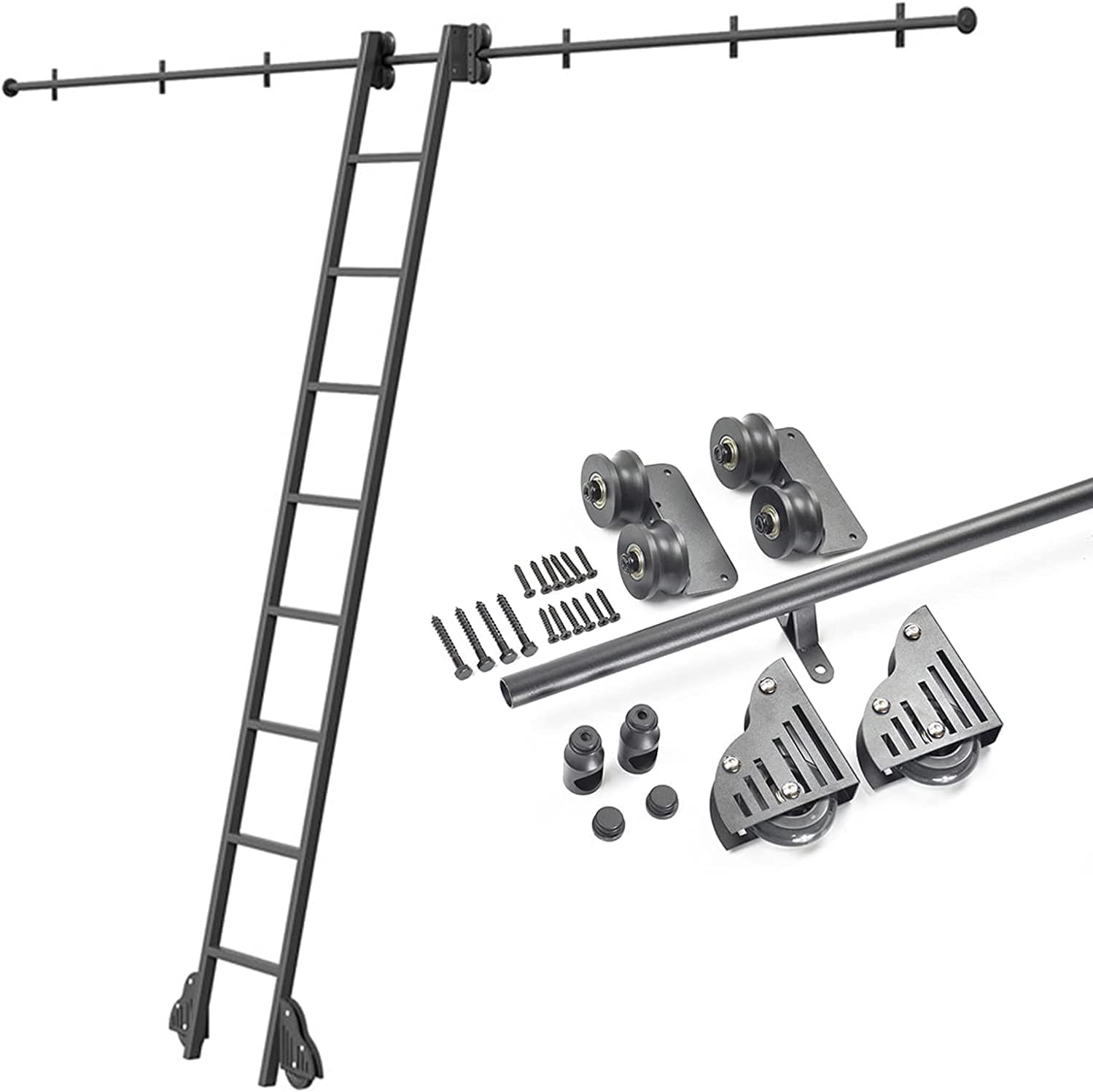 Échelle mobile à tube rond noir avec kit de quincaillerie pour bibliothèque de salon