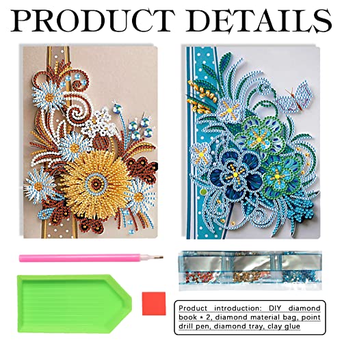 DCIDBEI 2 Pack Diamond Notebook Blank Sketchbook A5 Diamond Painting Kits Adult Children Sketchbook Flowers Diamond Diary Kit Diamond Art Notebooks Multipack Notebooks Kids Journal Book Flowers - Image 2