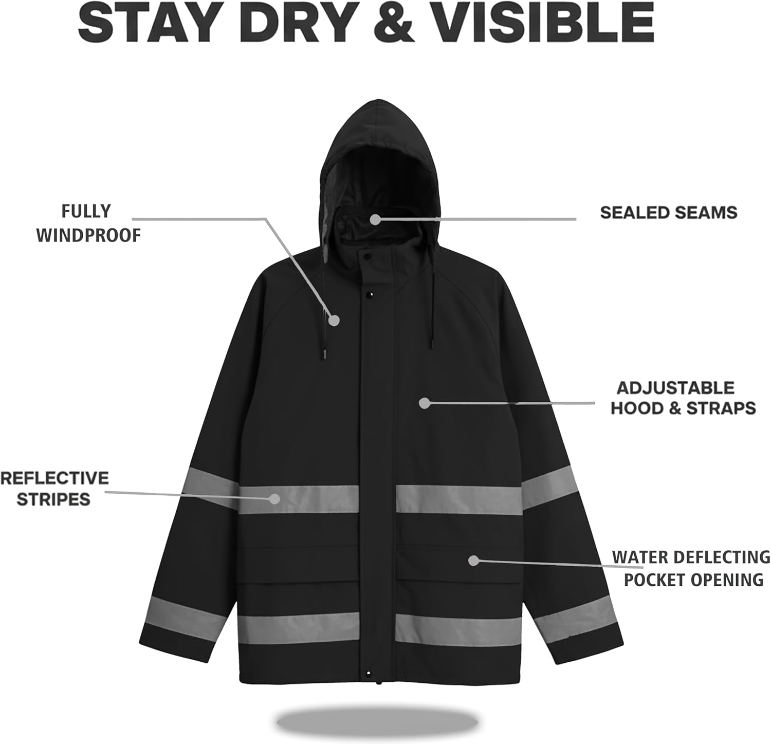 Men’s PRO Hi-Vis Waterproof Workwear Rain Jacket & Bib Pants with Hood, 3-Piece Safety Durable Functional Nylon Oxford Shell