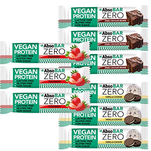 AbsoBAR Zero 9 Proteinriegel (9x40g) mit veganen Proteinen, 3x Schoko, 3x Erdbeere, 3x Vanille-Cookies Geschmack, hochwertiger pflanzlicher Eiweißriegel aus Reis- und Erbsenproteinen Cover