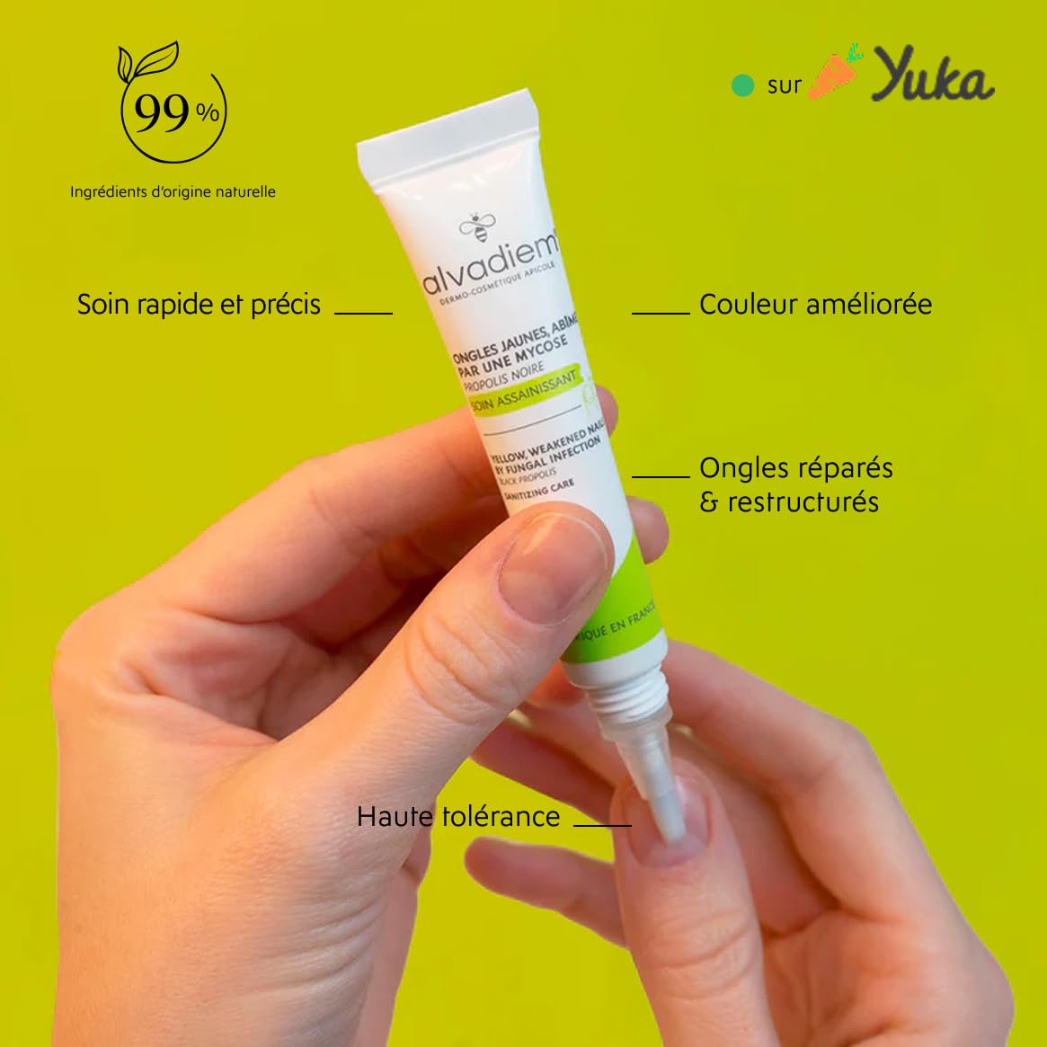 Alvadiem | Soin Ongles Assainissant Réparateur Ongles Jaunis Abîmés | Purifie, Renforce et Restaure la Couleur | Propolis Noire des Cévennes, Terpinéol | Fabriqué en France, 99% Naturel | 10 ml