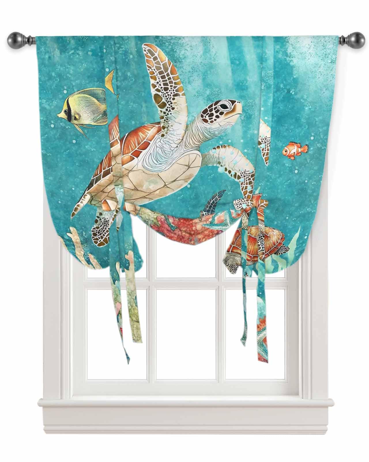 Tie Up Curtains for Kitchen Windows,Retro Watercolor Ocean Turtle Coral Fish Adjustable Balloon Shade Curtain Panel Rod Pocket Drapes for Small Window Decor 34