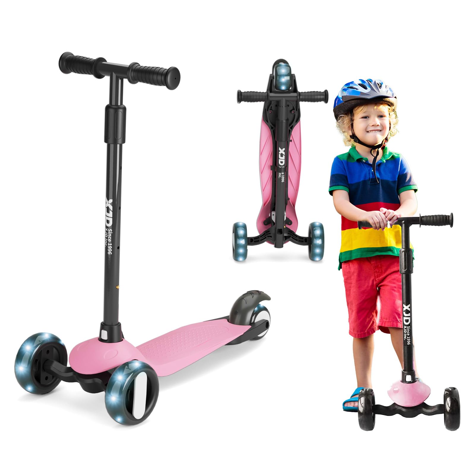 XJD 3 Wheel Kids Scooter Age 2-8 Toddler Scooters 4 Levels Height Adjustable Handle Wide Deck Kick -Easy Foldable -Safe Lean to Steer Design Scooter with PU Flashing Wheels for Boys Girls Children