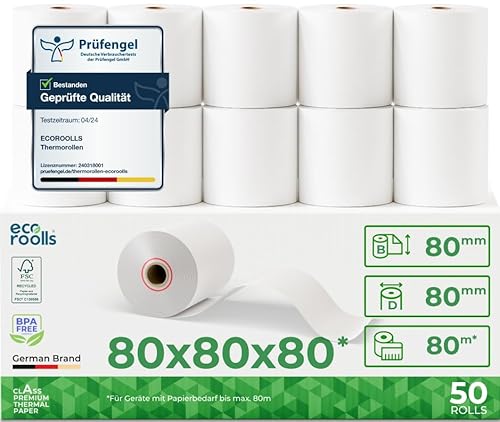 ECO ROOLLS® Thermorollen 80mm x 80mm x 12mm [Für alle üblichen Kassensysteme] - Kassenrollen 80x80x12 Thermo - Bonrollen Thermopapier - Geeignet für Drucksysteme mit Papierbedarf bis 80m (50 Stk)