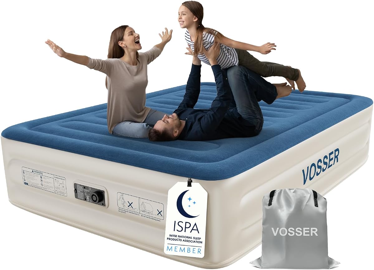 VOSSER Queen Air Mattress with Built in Pump,Leakproof Blow Up Mattress | Patented I Beam,40% Thicker PVC,Water/Leak Proof,10Yr Support,Parents'Picks Award Winner,NonSlip Silent,Flocked,3Min Inflate