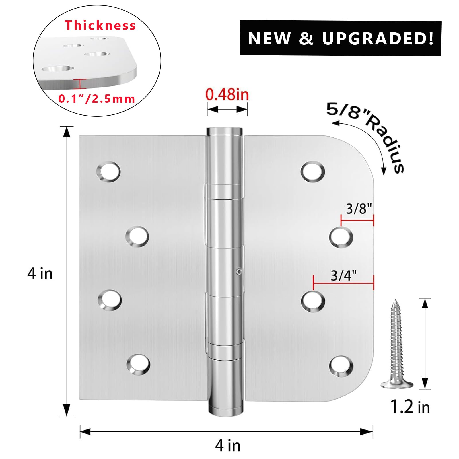 Paquete de 3 bisagras de puerta de acero inoxidable de 4 pulgadas, bisagras resistentes de 4 x 4 pulgadas, bisagras de puerta con rodamientos de bolas con esquinas cuadradas y redondas para puertas