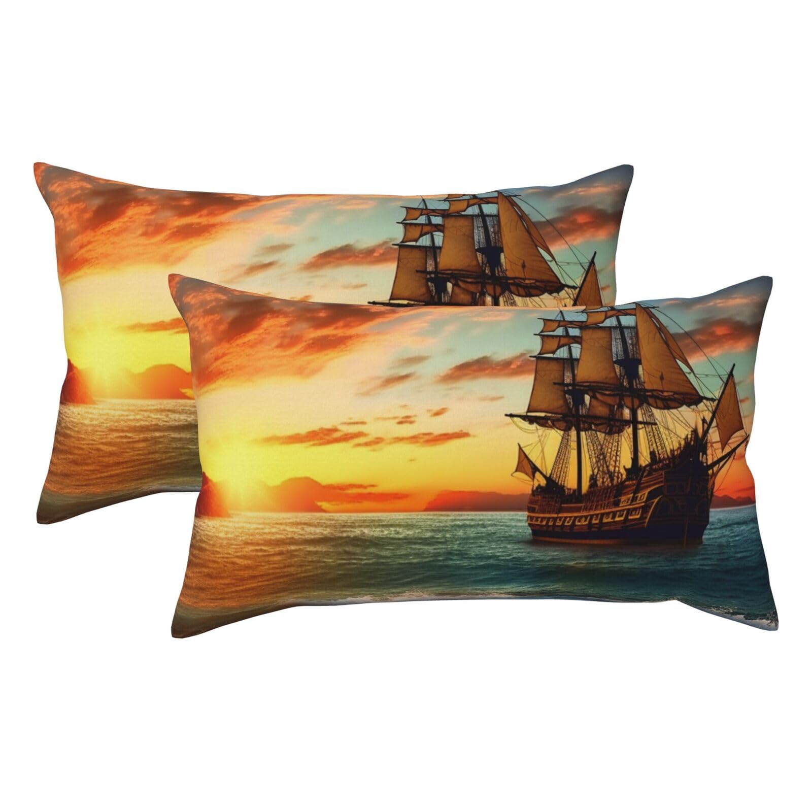 2 Pack King Pillow Cases with Hidden Zipper, Soft Breathable Pillow Covers for Hair and Skin, Pirate Ship in The Sunset Pillowcases 20"x36" Bed Pillow Protectors Cover for Sleeping Gifts