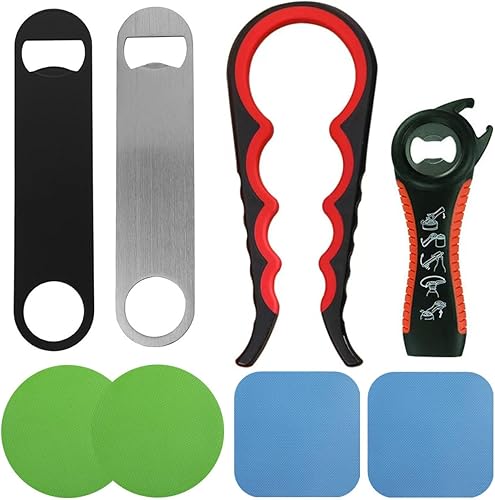 8 abridores de tarros y abridor de botellas. 2 abridores de botellas planos, 2 abridores de tarros para personas mayores y 4 almohadillas de goma