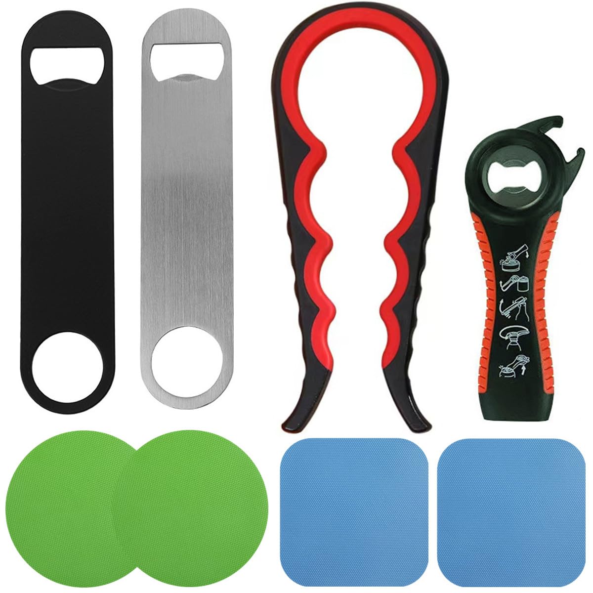 Tunyet8Pcs Jar Opener & Bottle Opener.2Pcs Flat Bottle Opener,2Pcs Jar Openers for Seniors and 4Pcs Rubber Jar Opener Gripper pad