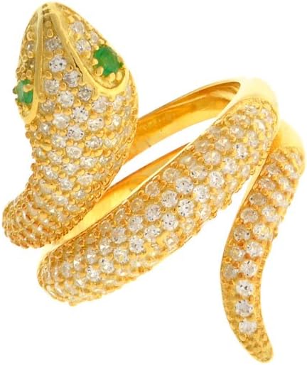 Beverly Madison Gold Plated Sterling Silver CZ Green Eye Snake Ring