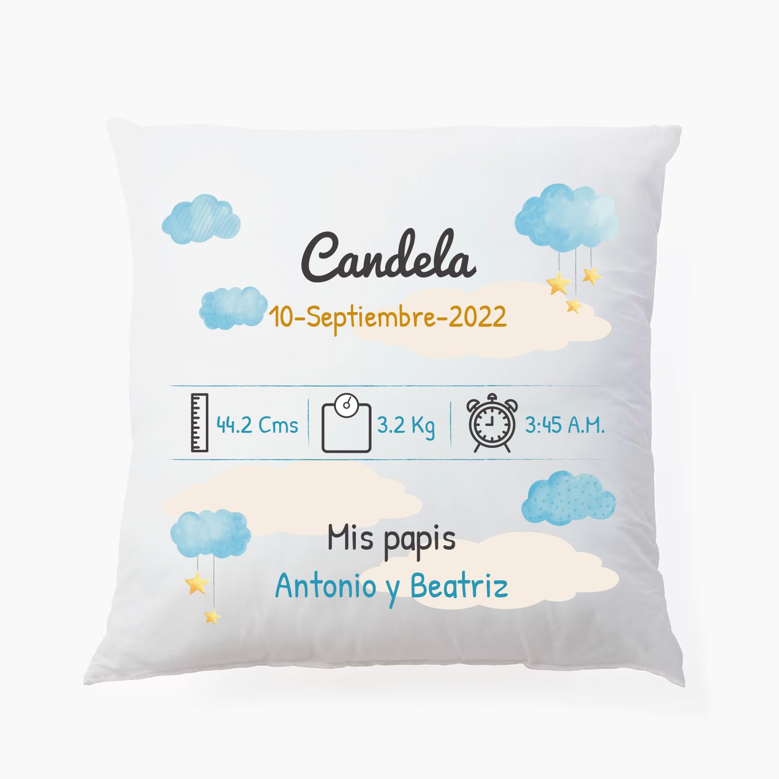 Deliex delicias de Extremadura. Cojín bebé Personalizado con Datos de Nacimiento. Regalos Personalizados Recién Nacidos. Varios tamaños. Relleno Incluido. (25 x 25 cms 2 Caras)