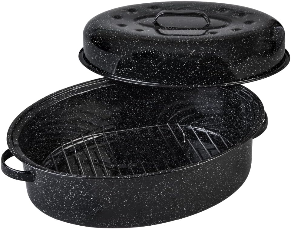 Granite Ware 19 inch oval roaster with Lid, Oval Rack included (Speckled Black) - design to accommodate up to 20 lb poultry/roast. Resists up to 932°F