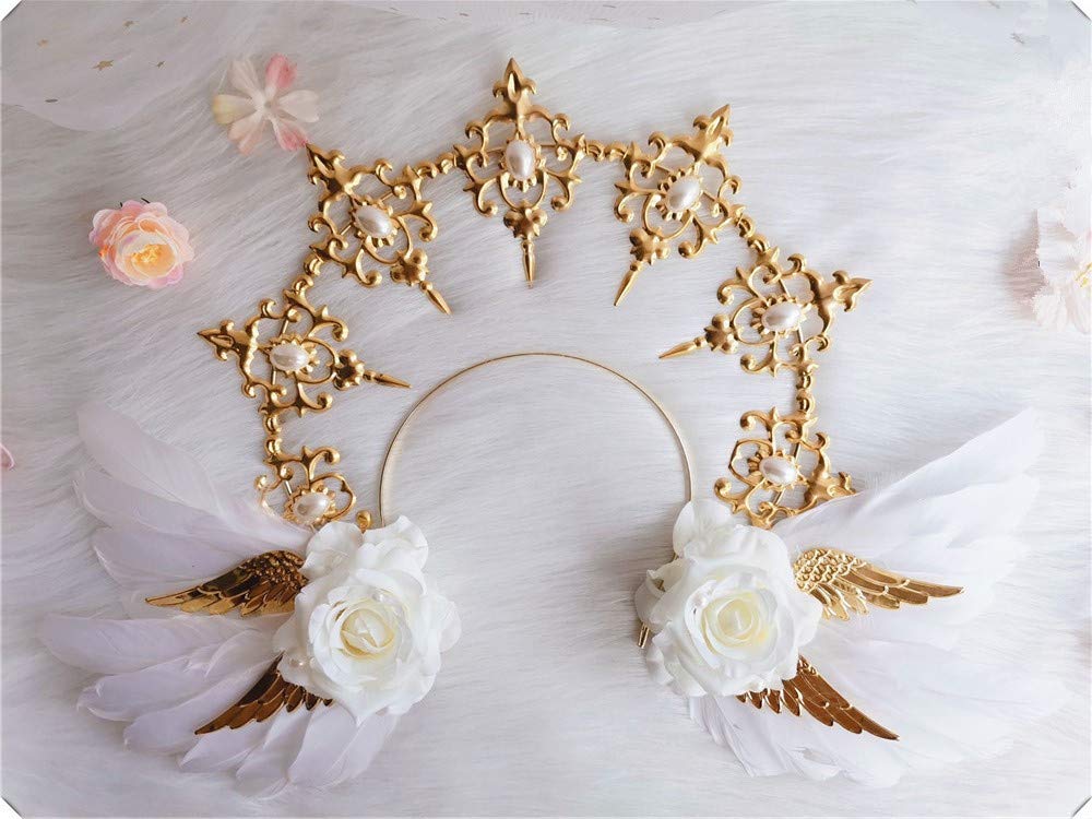 KXY Women Vintage Sun Godmother's Crown Headwear KC Gothic Angel Wings Tiara Hair Accessories (White)