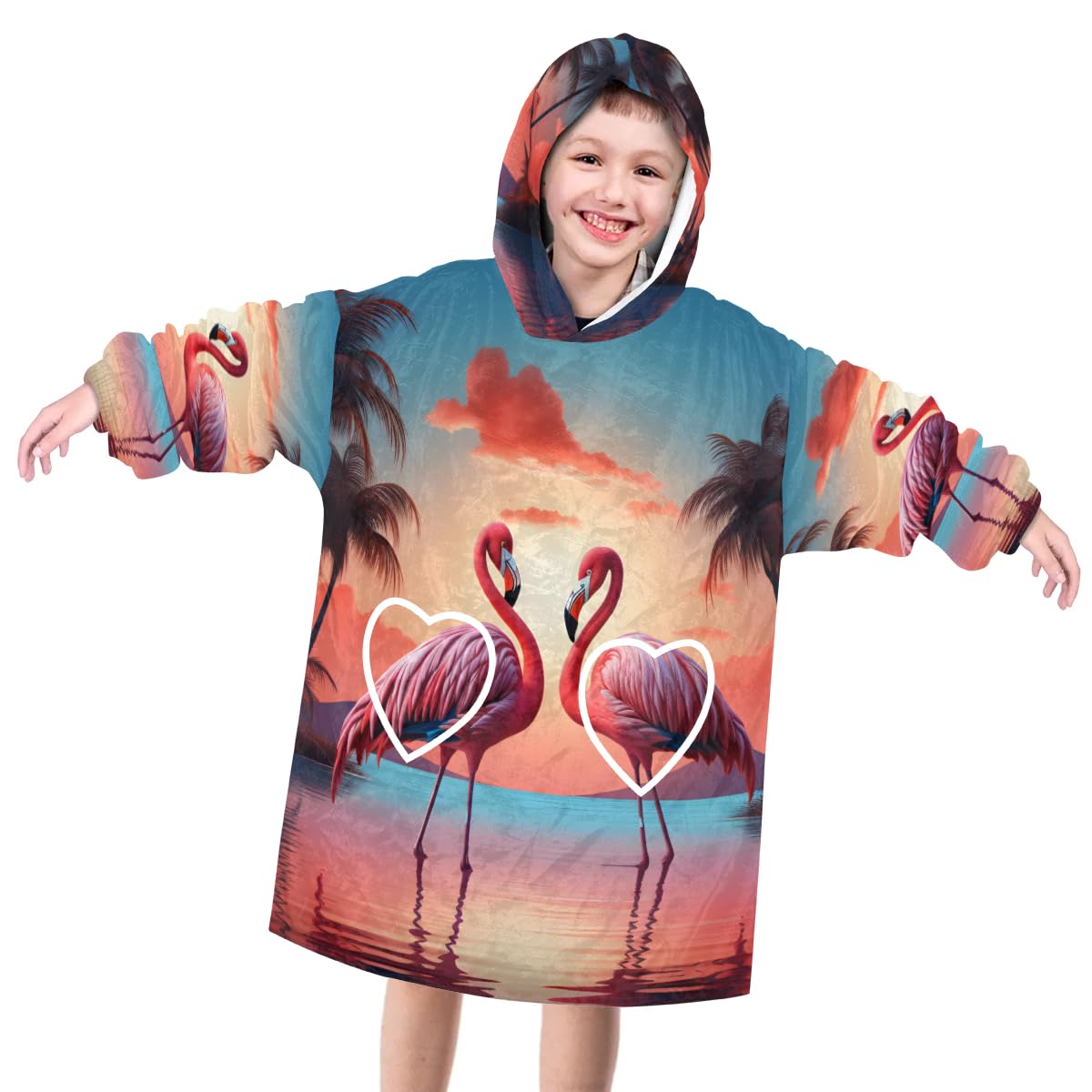 Wearable Blanket Hoodie for Kids, Charming Flamingo Fleece Sweatshirt Blanket Oversized Blanket Sweatshirt with Pocket Flannel Warm Hooded Blanket 6-10 Year Old Girl Boy Gift, One Size