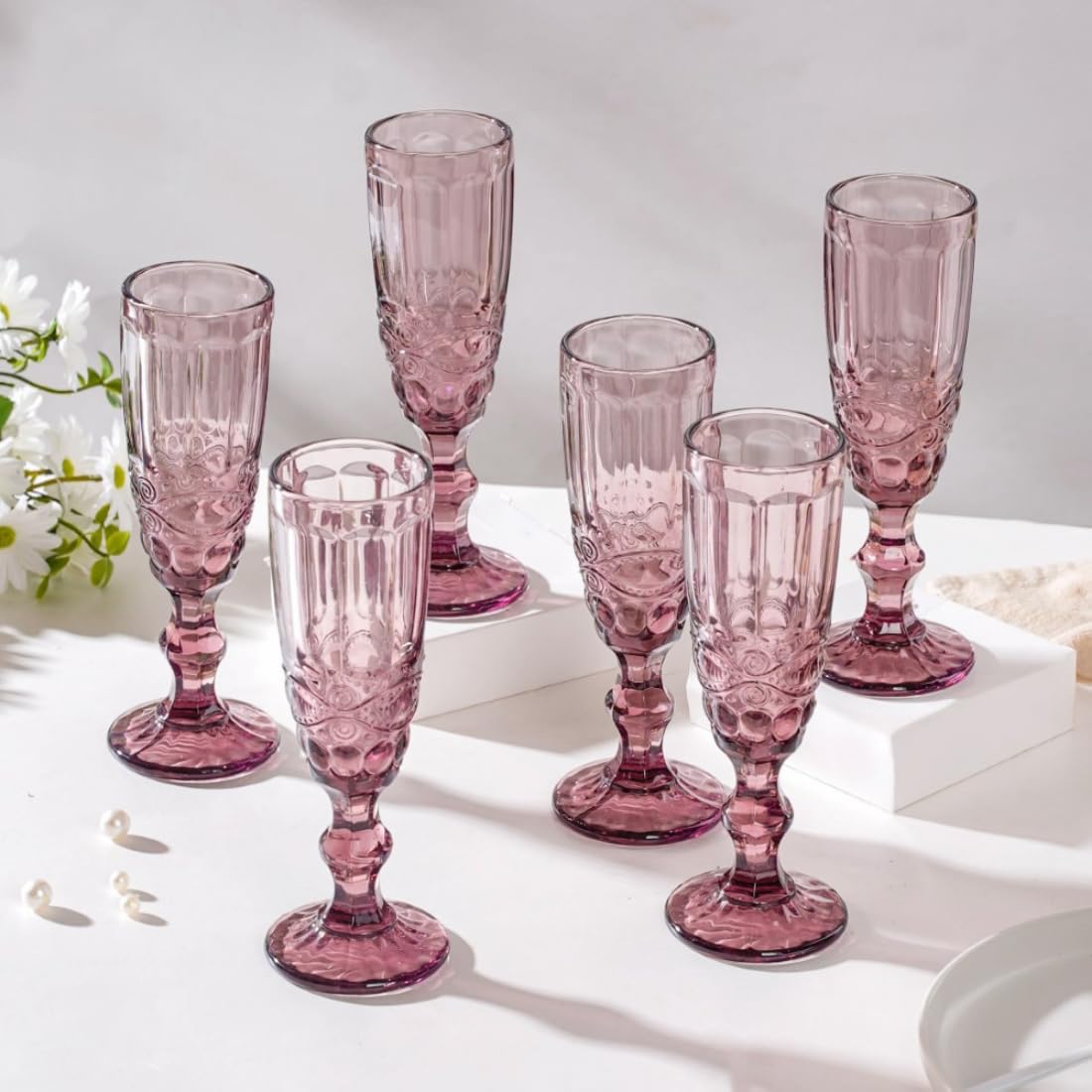 Nestasia Rose Stemmed Glass Set of 6 | Exquisite Crystal Glassware for Wine, Champagne, Sherbet, Cocktails & More | Perfect Anniversary Gift and Tableware Decor | Mauve, 150ml