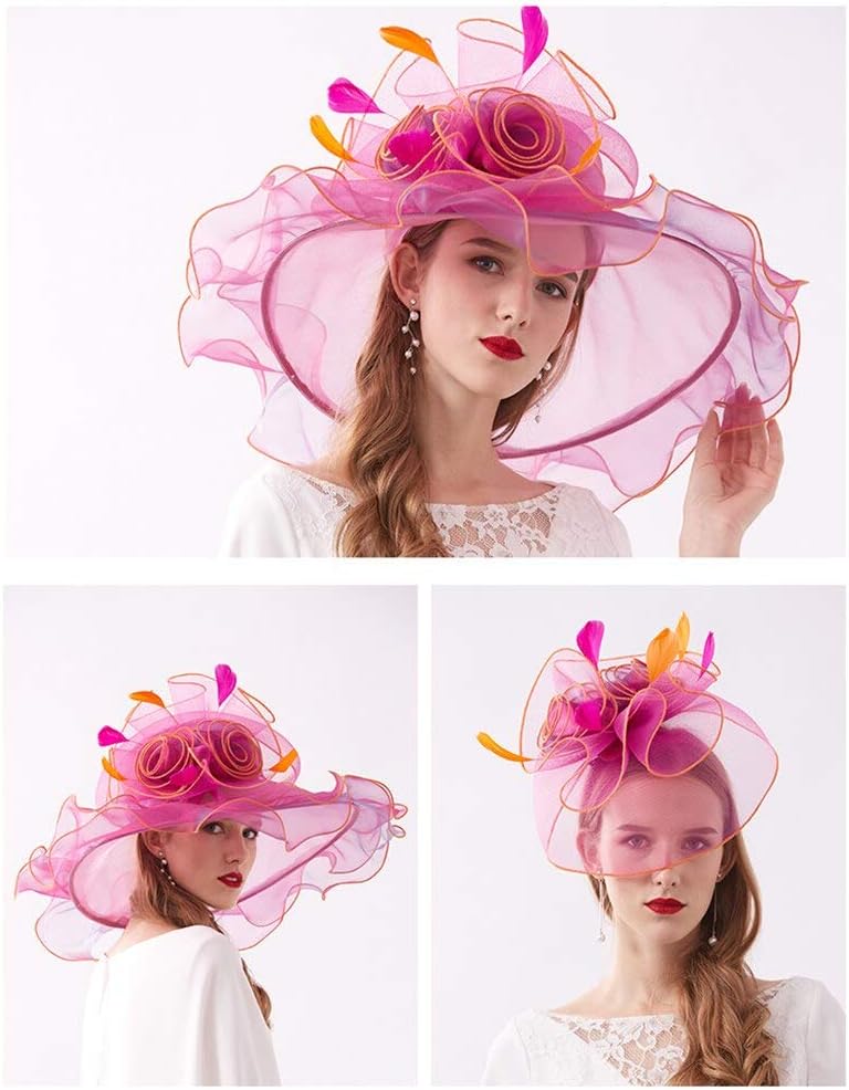 Women's Organza Fascinator Hat with Wide Brim Flower Elegant Church, Derby, Wedding Tea Party Hat for Ladies Formal Sun Hats - Image 3