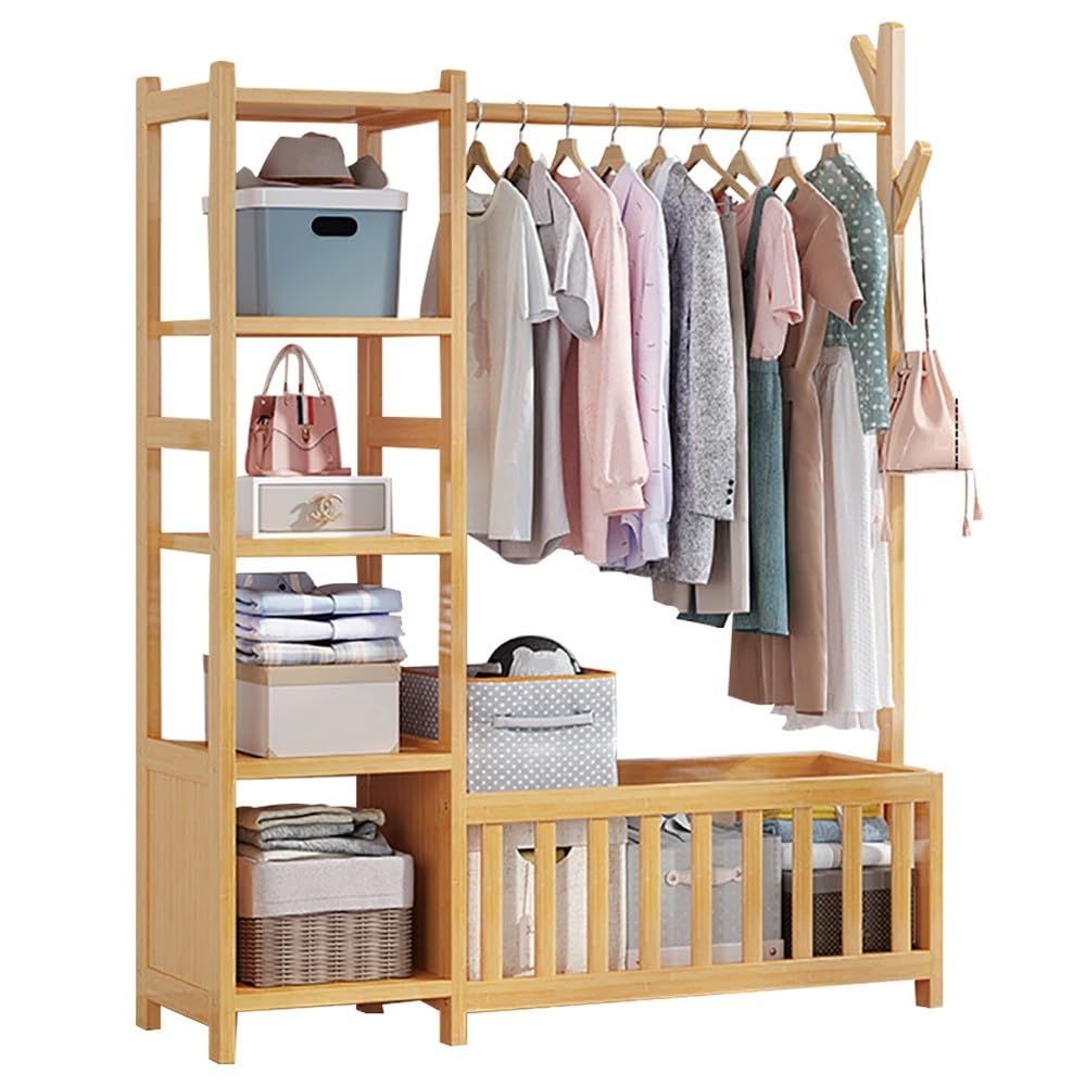 MYUYEE Wooden Coat Rack Stand, Clothes Drying Rack With Shelves, With Shoe Stand, Multifunctional Clothes Rail, Holds Up To 100 Kg, For Home/Office/Entryway/Hallway : 95Cm/115Cm(B-115Cm)