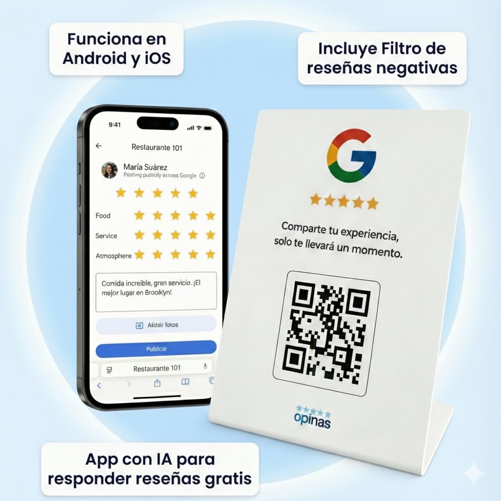 Genérico OPINAS Soporte QR Reseñas Google + App con IA para Responder Reseñas - Stand Reseñas - Cartel Opiniones Google