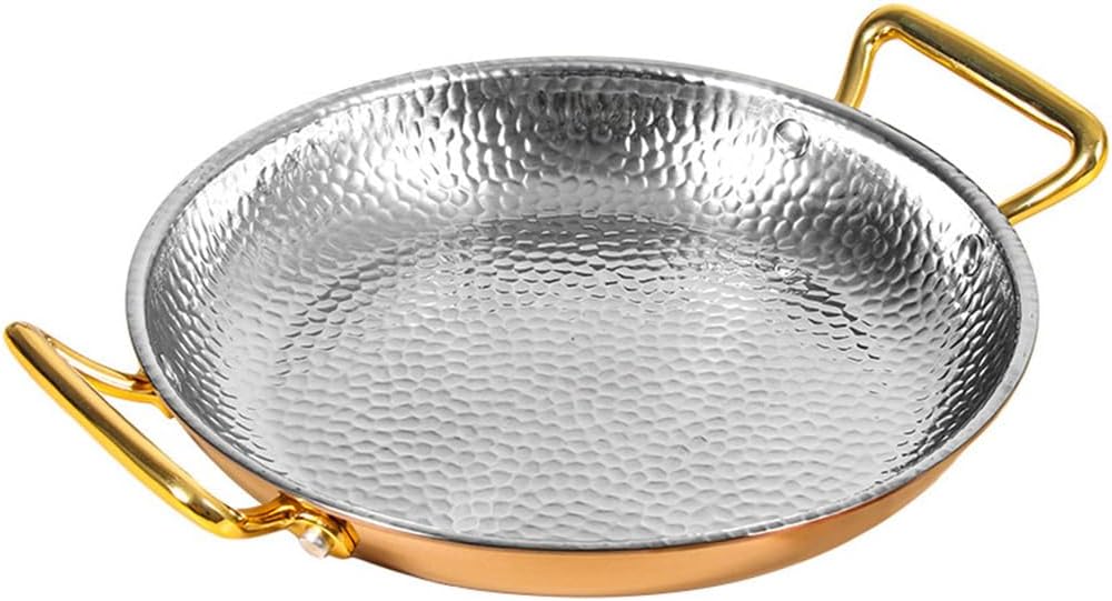 304 Stainless Steel Spanish Paella Pan Round Nonstick Skillet Pan Heavy Duty Riveted Handle Hand Hammered Spanish Seafood Lobster Plate for Home Restaurant Cooking,Gold,24CM/9.4INCH