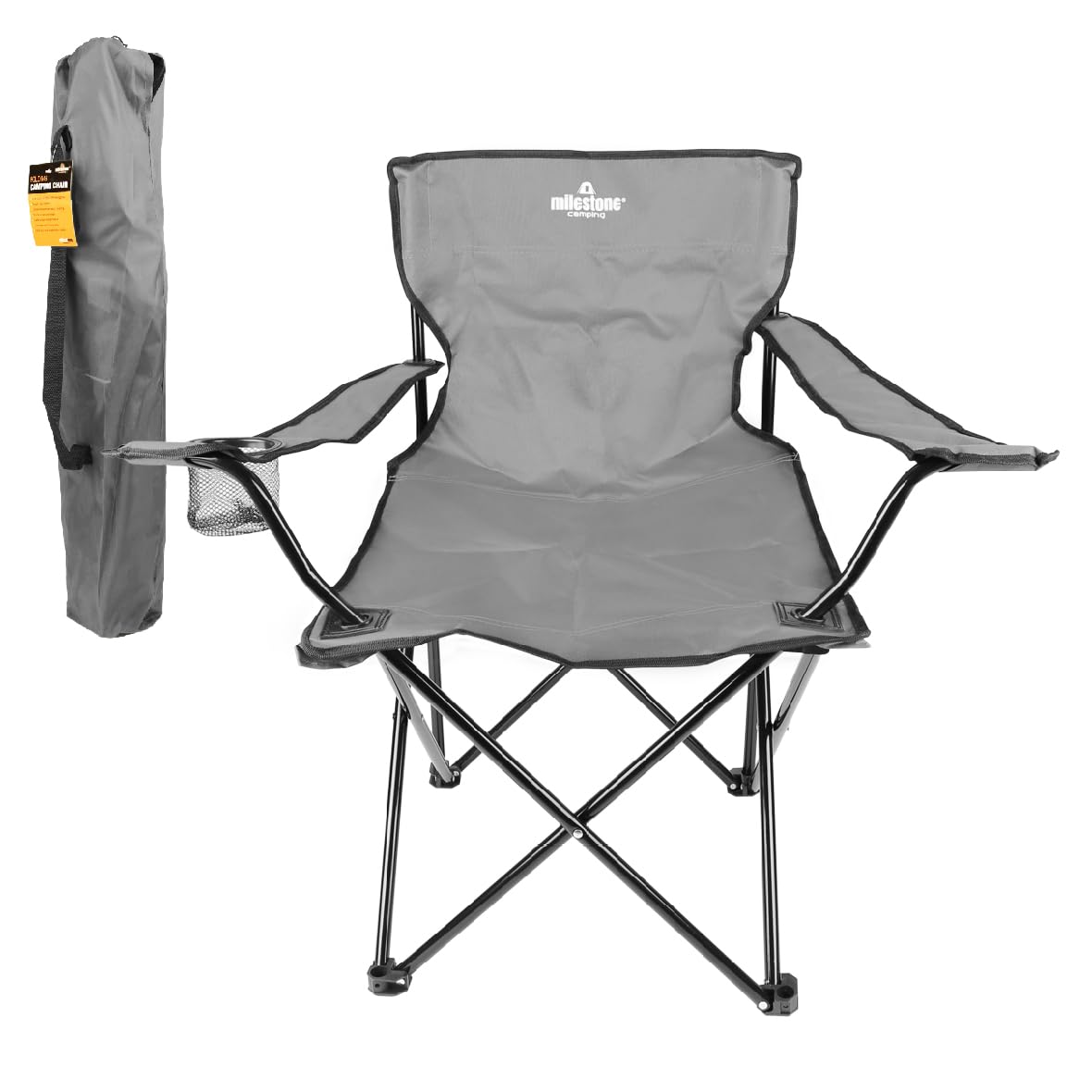Milestone Camping 20379 Folding Camping Chair with Cup Holder & Storage Bag/Portable Travel Chair/Folds Flat to Store / H80 x W83 x D50cm / Grey Colour