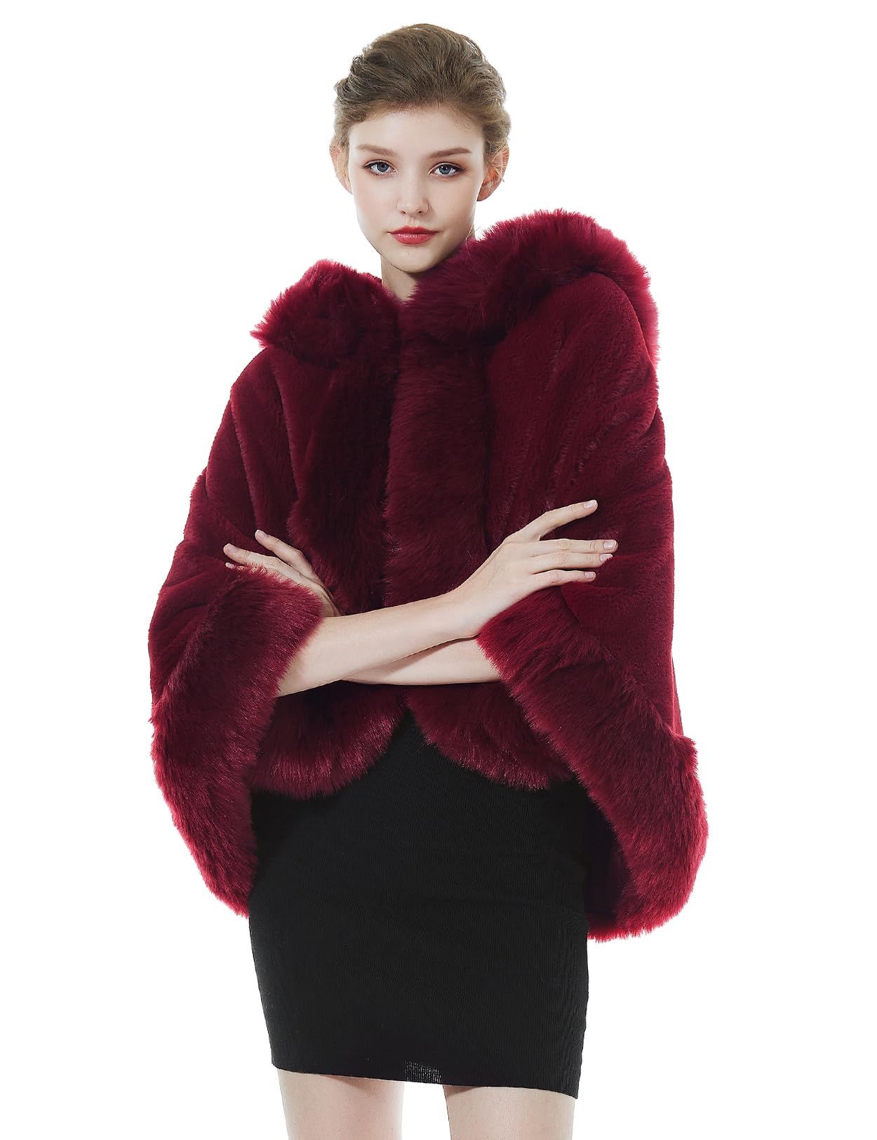 BEAUTELICATE Damen Kunstpelz Braut Umhang mit Kapuze Winter Braut Poncho Cape Kurz Warm Kunstpelz Stola Brautjacke für Hochzeit Abendkleid Elfenbein Schwarz