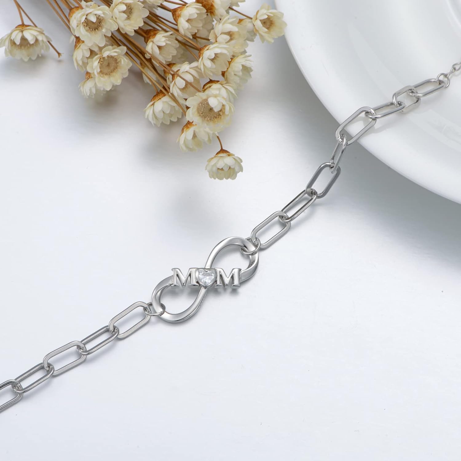 Mom Bracelet for Women Sterling Silver, Gifts for Mom from Daughter Son,Infinity Love Adjustable Bracelets Paperclip Chain Bracelet 925 Sterling Silver Mom Gifts for Mothers Day - Image 4