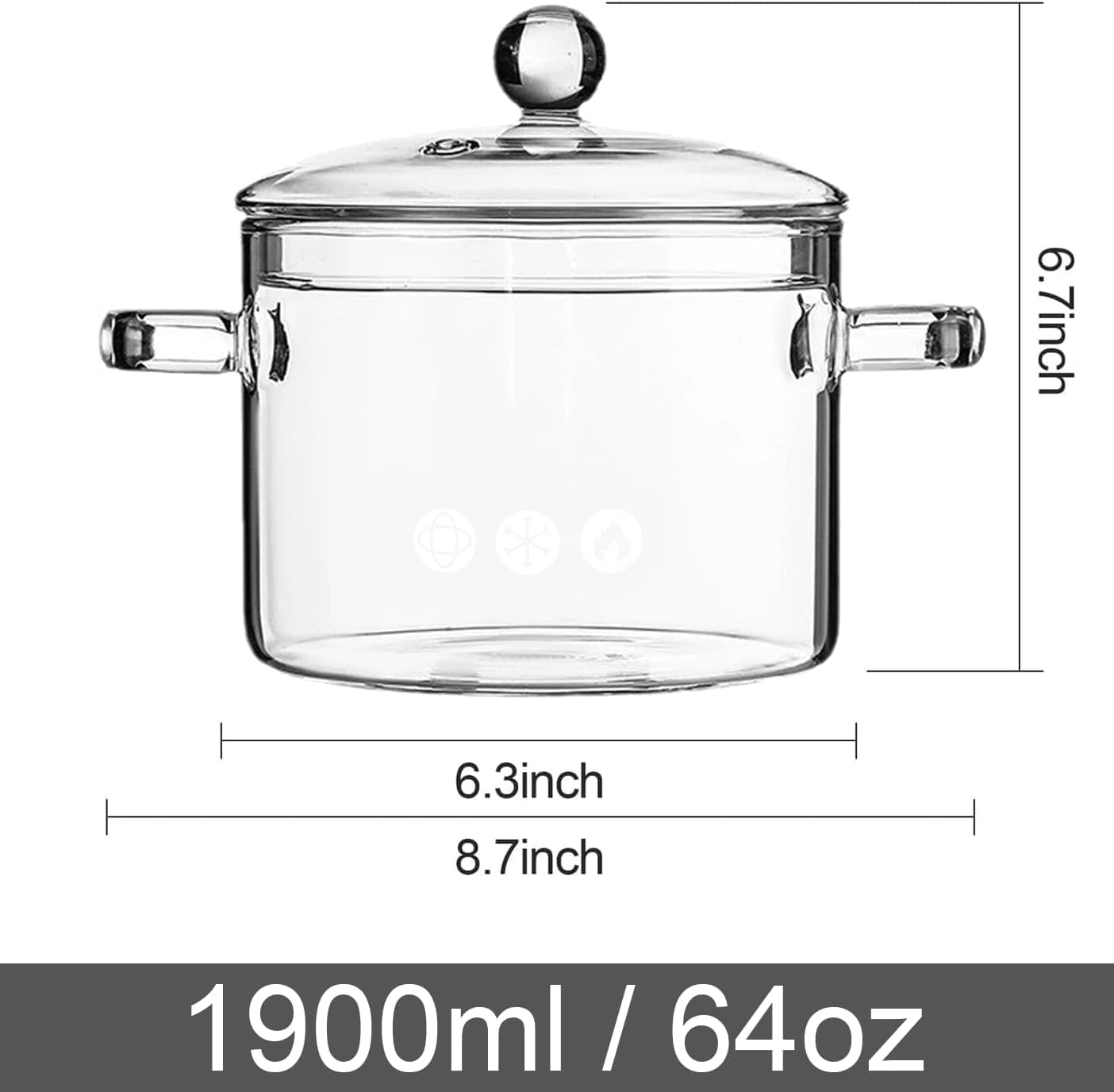Clear Glass Pot, 1.9L, Cooking Pot with Lid and Handle, Clear Saucepan, Resistant Borosilicate Pot, Glass Saucepan for Cooking On Stove - Ideal for 1-2 People (64oz)