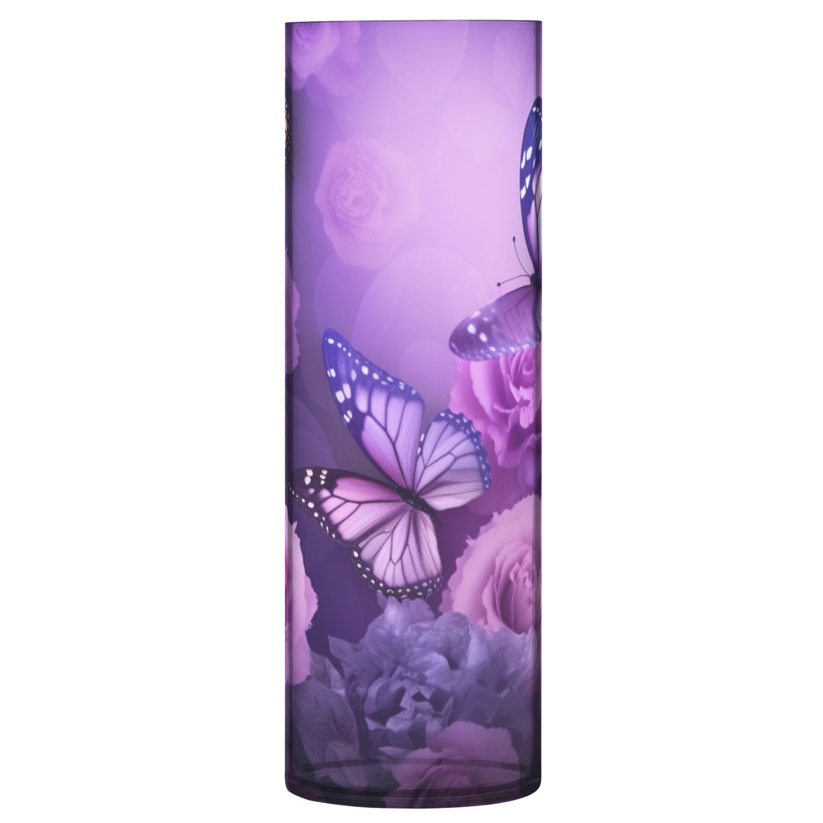 SKYSHU Purple Butterfly Plastic Cylinder Flower Vase for Plants Bouquet, 1 Pack Unbreakable Tall Clear Vase for Wedding Centerpieces Home School Office Decor, 11.8 x 3.9 Inch